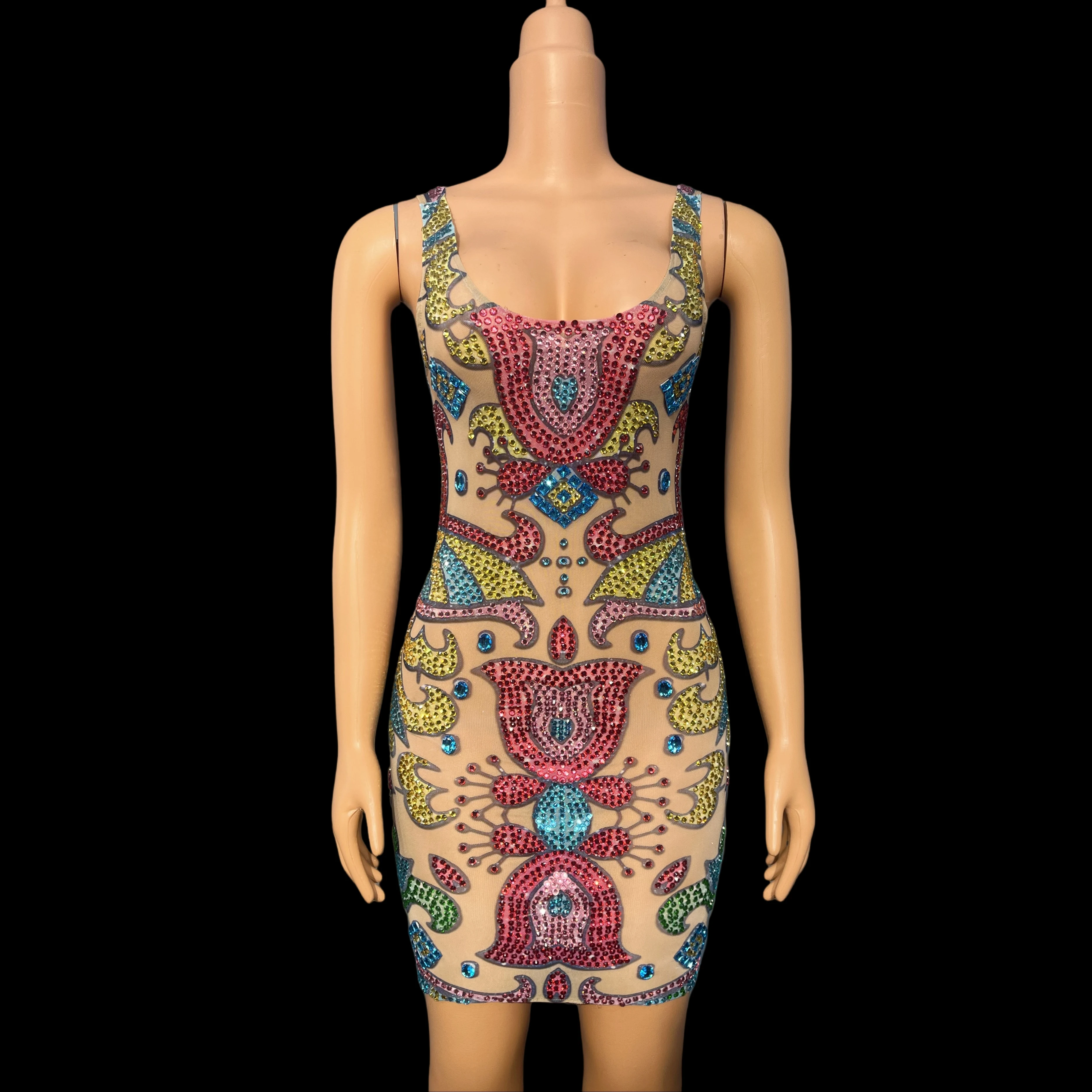 

2025 Summer Colorful Rhinestones Sexy Slim Stretch Mesh Mini Dance Dress Singer Dancer Show Party Collection Outfit qianhua