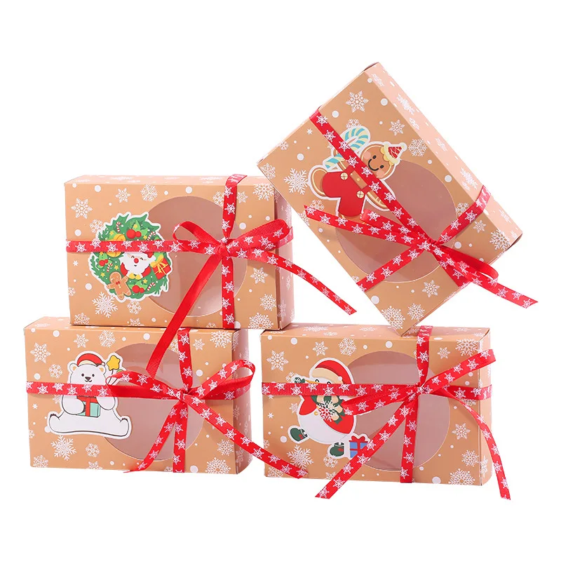 4/8Pcs Kraft Paper Christmas Cookie Candy Gift Box PVC Open Window Favor Gift Packaging Box With Santa Claus Tag Party Supplies