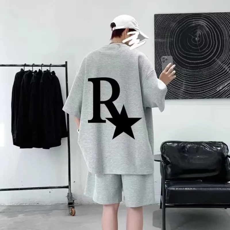 Sportanzug Herren Herbst und Winter lässig locker High Street trendig bedruckte Kurzarm-Shorts zweiteiliges Baumwollset