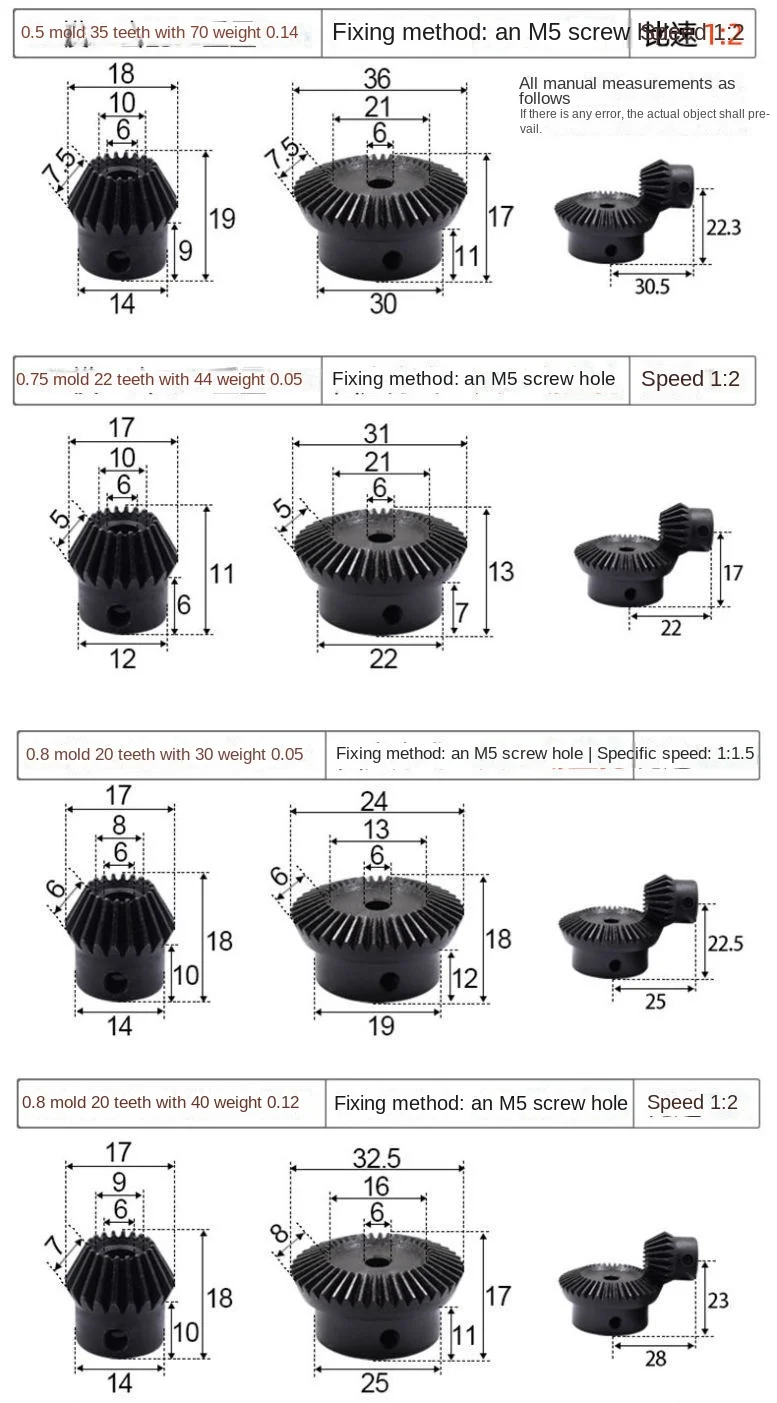 Precision Bevel Gear 1:2 Speed Ratio to 1 to 8 Speed Ratio 90 Degrees Transmission Bevel Gear 0.5 Mold 0.8 Mold 1 Mold 2 Mold