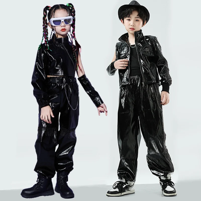 

Children Jazz Dance Suit Boys Hip Hop Street Dance Clothes Model Runways Fashion Show Outfit Kid Black Leather Jacket Pants 2203
