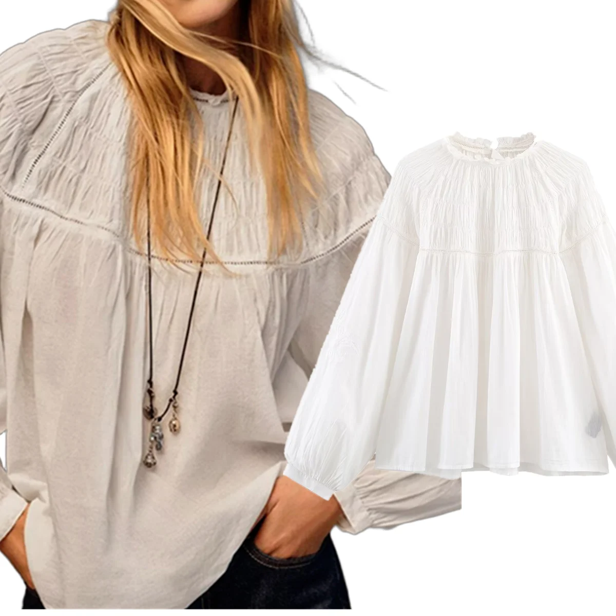 جيني آند ديف 2026 ربيع إيندي الشعبية زهرة التطريز الجوف قميص أبيض أنيق قميص علوي البلوزات الملابس النسائية قمصان بلايز #1