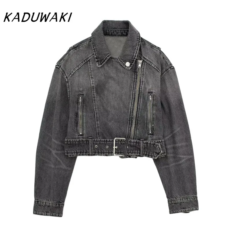 KADUWAKI Retro Y2K Spring Denim Coat Faux Leather Moto Biker Jacket for Women Long Sleeve Jackets Front Zipper Female Outerwear