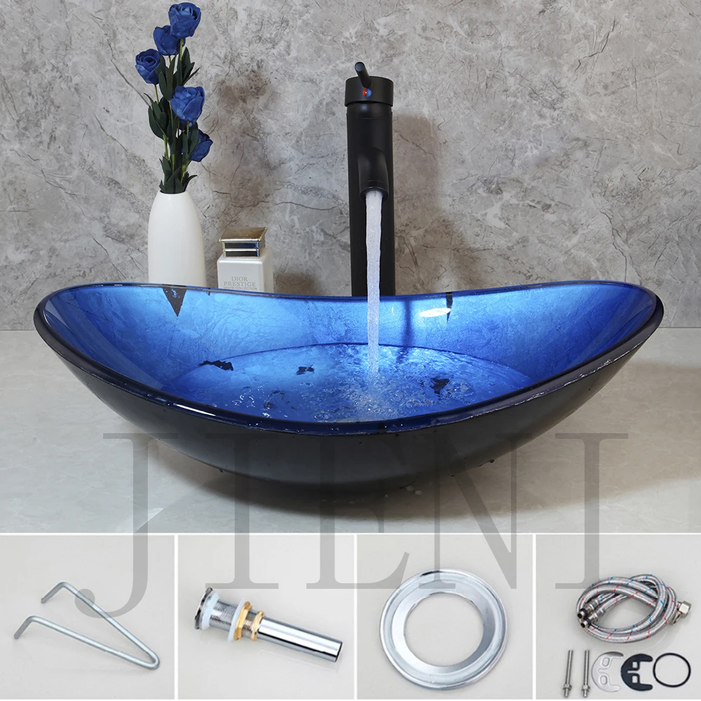 JIENI Art Hand-Paint Bathroom Sink Faucet Set Tempered Glass Ship Type Basin Black & Chrome Hot Cold Mixer Tap W/ Pop Up Drain