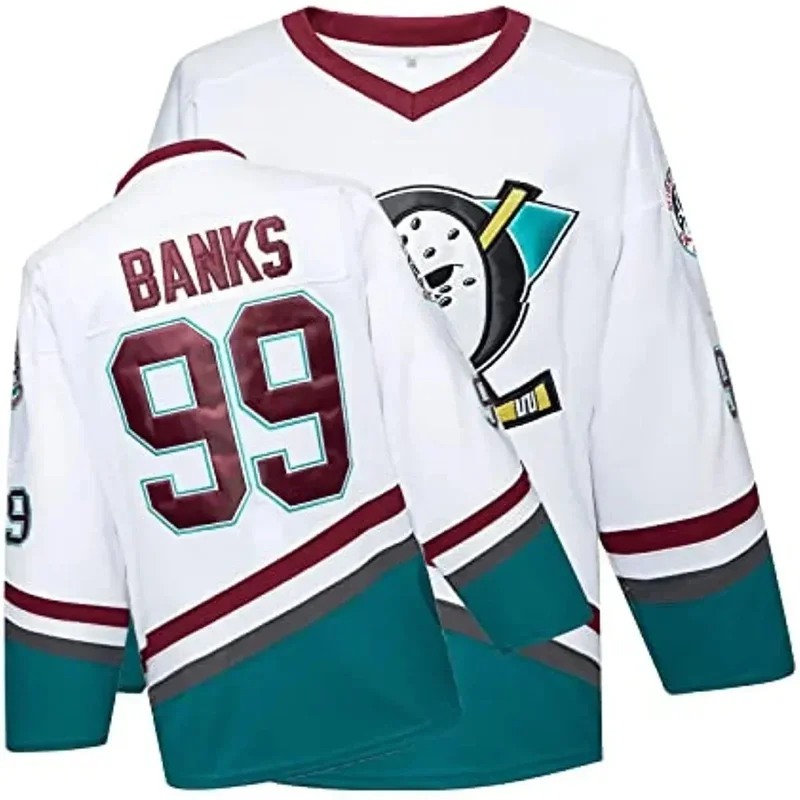The Mighty Ducks Movie Ice Hockey Jersey Conway 96# Banks 99# Stitched White Long Sleeve