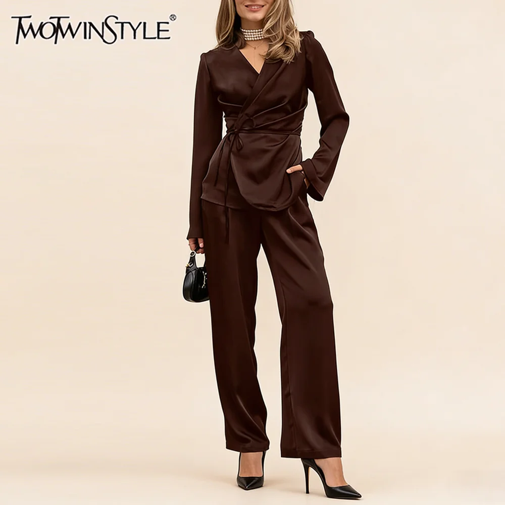 TWOTWINSTYLE Solid Spliced Lace Up Two Piece Set Female V Neck Long Sleeve Top French Vintage Women's Trousers Sets Fashion New