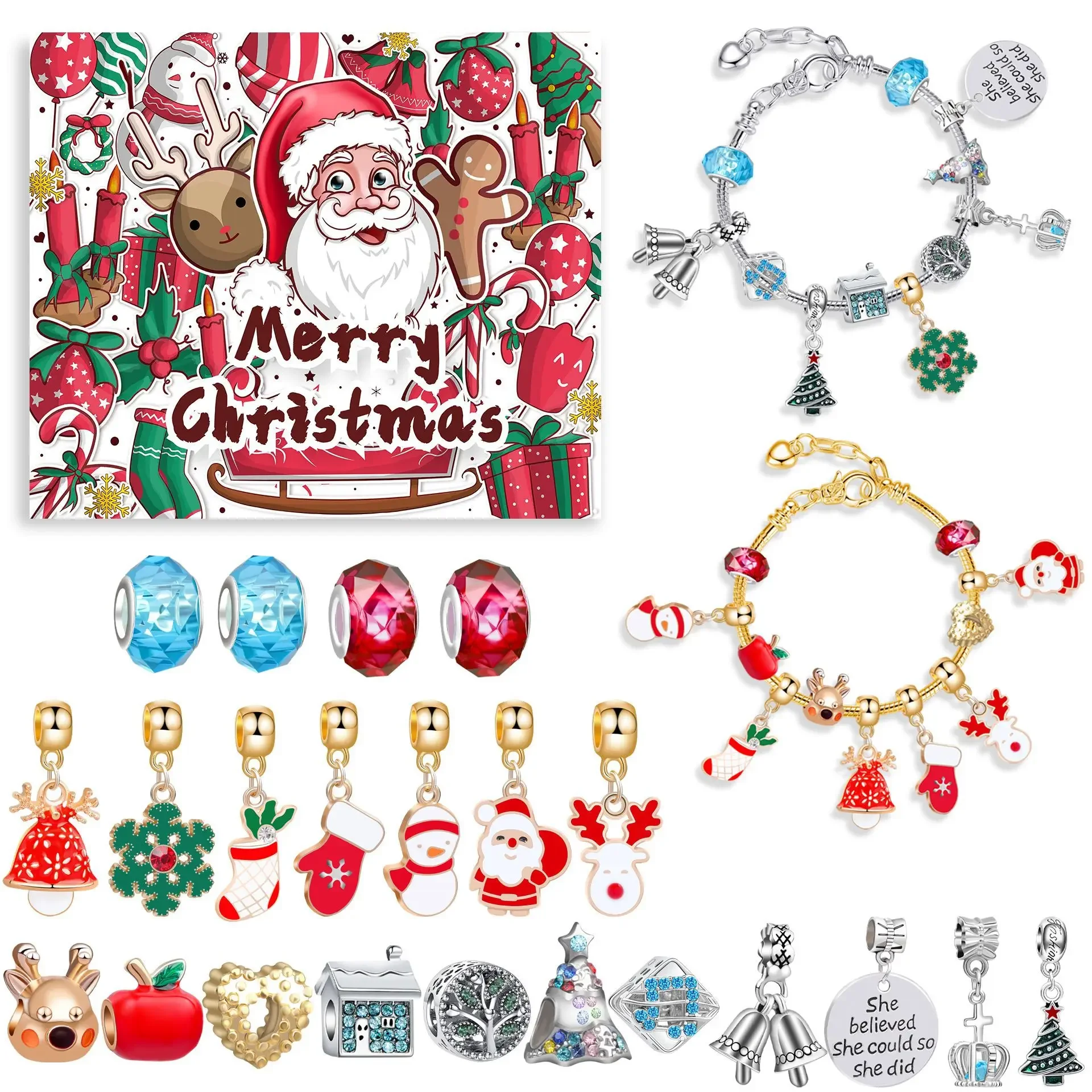 Verrassing Blind Box Set 24-Countdown Kalender Advent Christmas Charms Armband Set DIY Creatieve Ornamenten Kerst Kind Geschenken