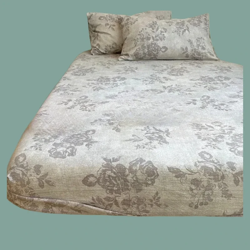 Autumn and winter models four-season popular retro original hemp fitted sheet, mattress protective cover three-piece set