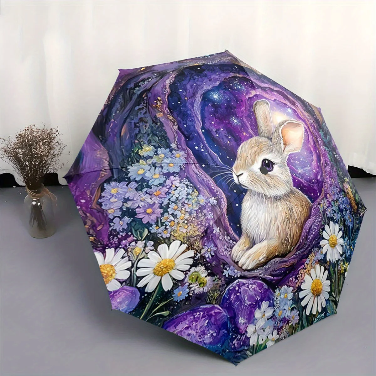

Automatic Folding Umbrella with Bunny & for Galaxy Design - Portable Collapsible Umbrella with 8-Rib Sturdy Frame, Automatic O