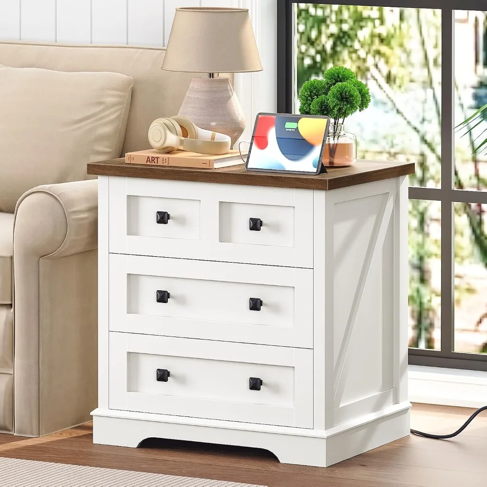 HOOBRO Farmhouse Nightstand with 3 Drawers, 23.6 Inch Wide End Table with Charging Station, Large End Table for Bedroom, Living