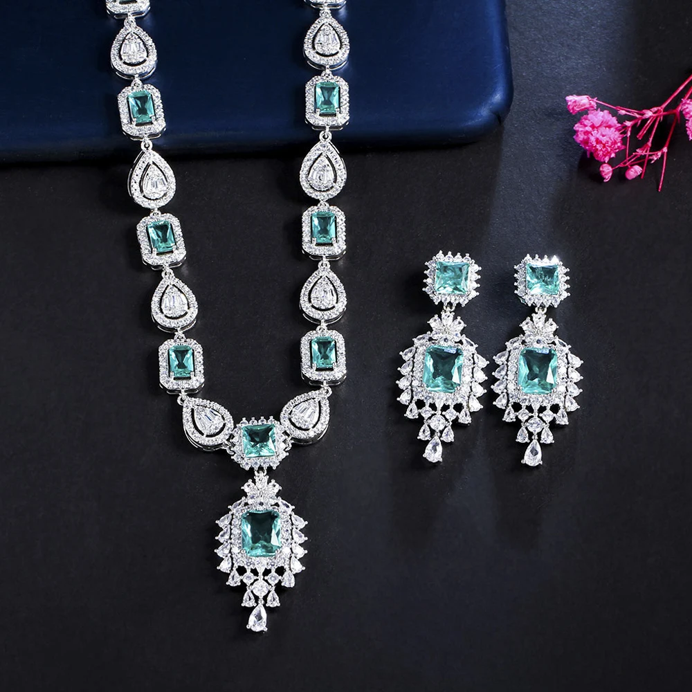 ThreeGraces Delicate Light Green Cubic Zirconia Geometric Square Earrings Necklace Wedding Party Jewelry Set for Brides TZ699