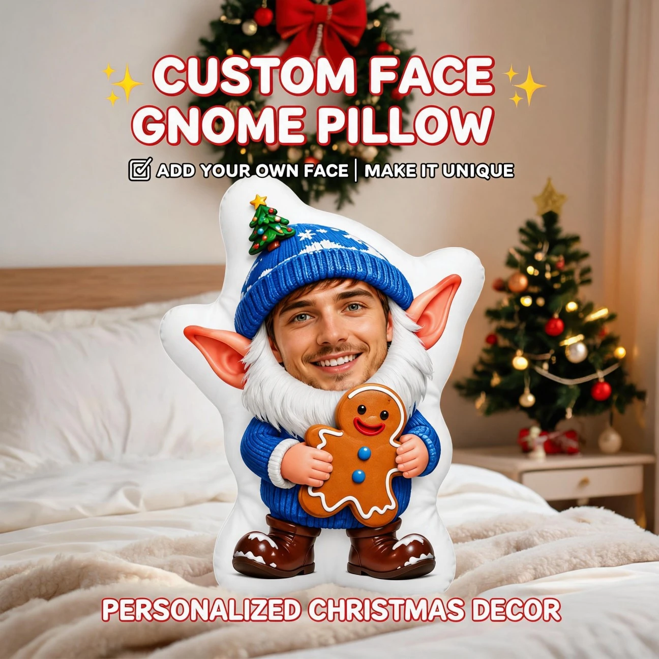 Custom Personalized Photo Christmas Elf Shaped Pillow, Smiling Face Blue Hat Decorative Cushion, Unique Home Decor Accent for So