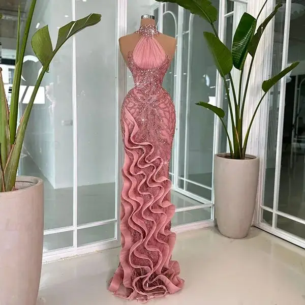 2024 Pink Ruffles Floral Beads Evening Dresses Customize Mermaid Long Prom Dress Crystals Arabic Wedding Party Dress Gowns Robe