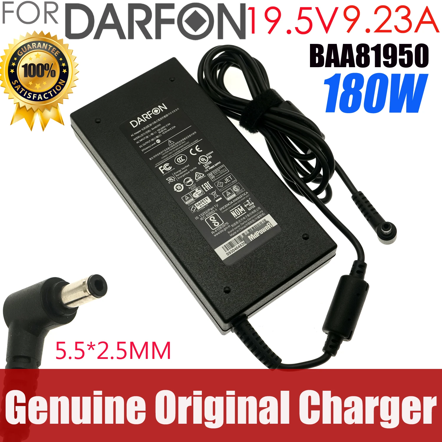 

Original DARFON BAA81950 19.5V 9.23A 180W 5.5x2.5mm AC Adapter Charger For MSI GE63VR GS73VR GF65 GF75 GS63 GS65 Power Supply