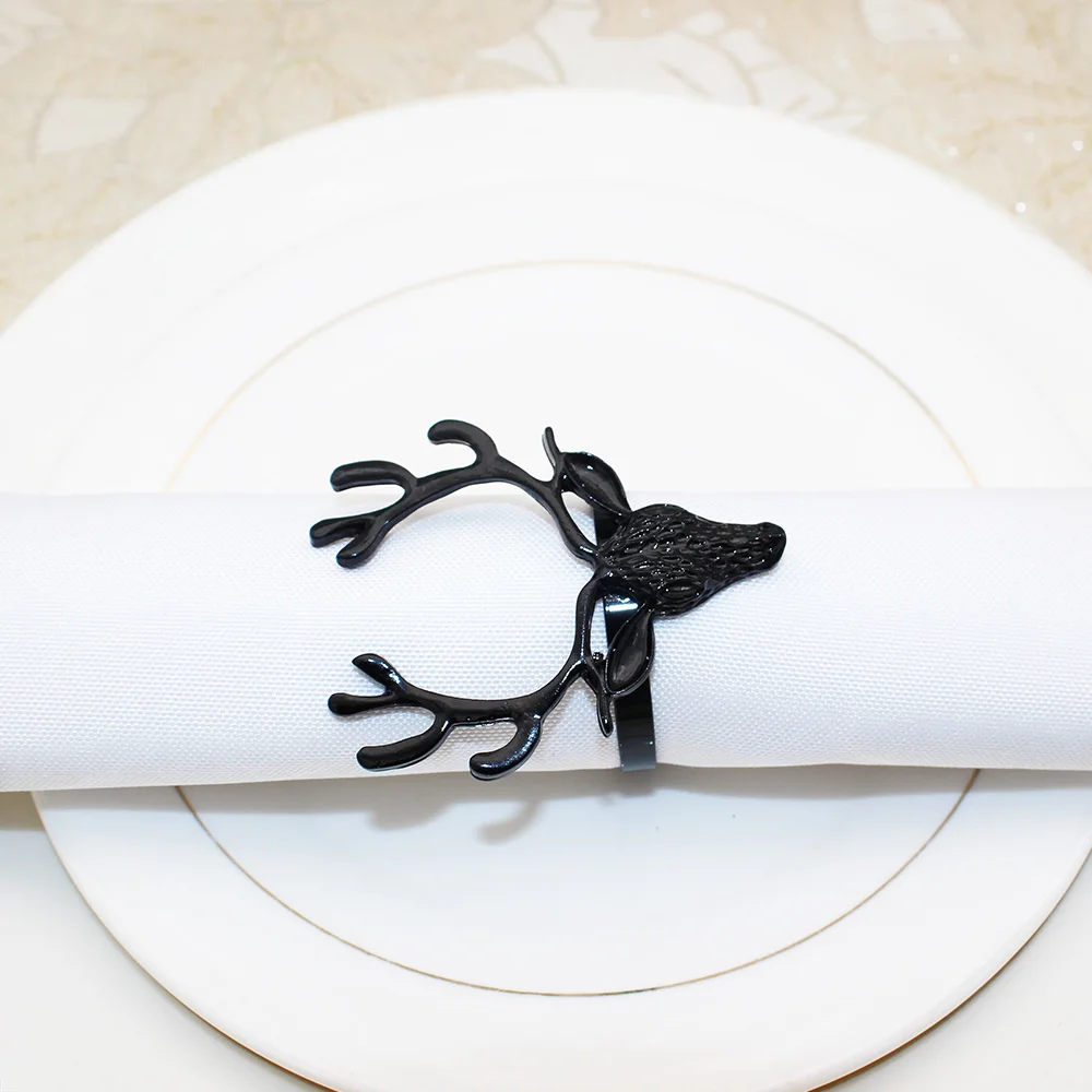 6Pcs Black Deer Head Napkin Rings Christmas Napkin Ring Holders Reindeer Napkin Buckle for Halloween Dinners Party Wedding Table