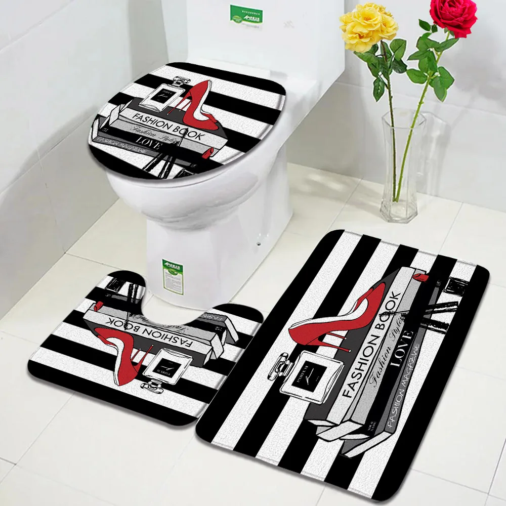 Fashion Perfume Bath Mats Sets Flowers Black And White Striped Door Rug Women Girls Home Bathroom Decor Flannel Toilet Cover Mat