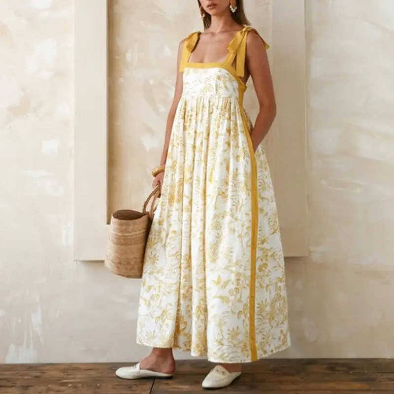 Women Sleeveless Wide Shoulder Straps Tied Plants Print Contrast Color Summer A-line Tank Long Dress for Daily Party