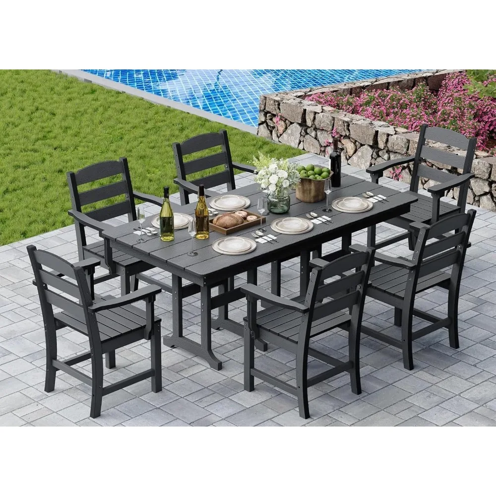 

7 Pieces Patio Dining Set for 6, 71" HDPE All-Weather Dining Table & Chairs, Durable Outdoor Furniture for Garden, Backyard, La
