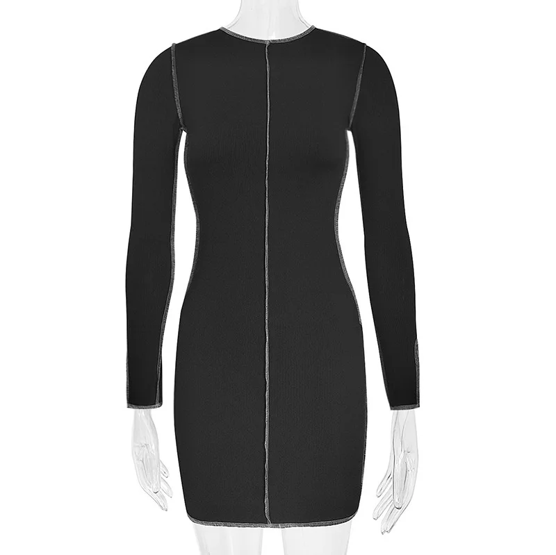 European and American Hot Selling Sexy Knitted Round Neck Hip Hugging Long Sleeved Dress Sexy Slim Fit Women\'s Dress