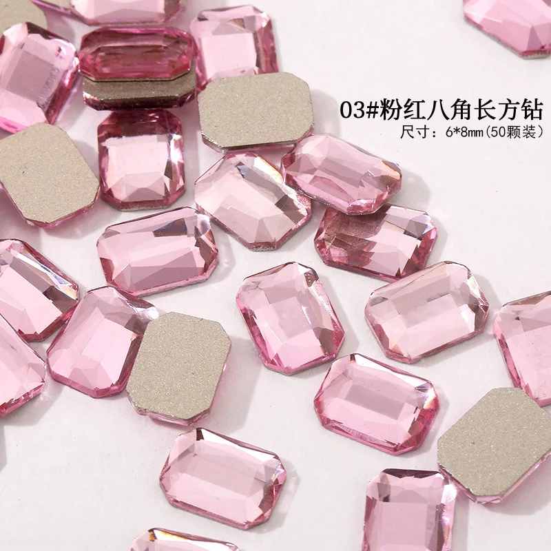 100/500pcs 6*8mm Rectangular octagonal Boutique Flat bottom nail art rhinestones Glass crystal 3D nail decoration wholesale