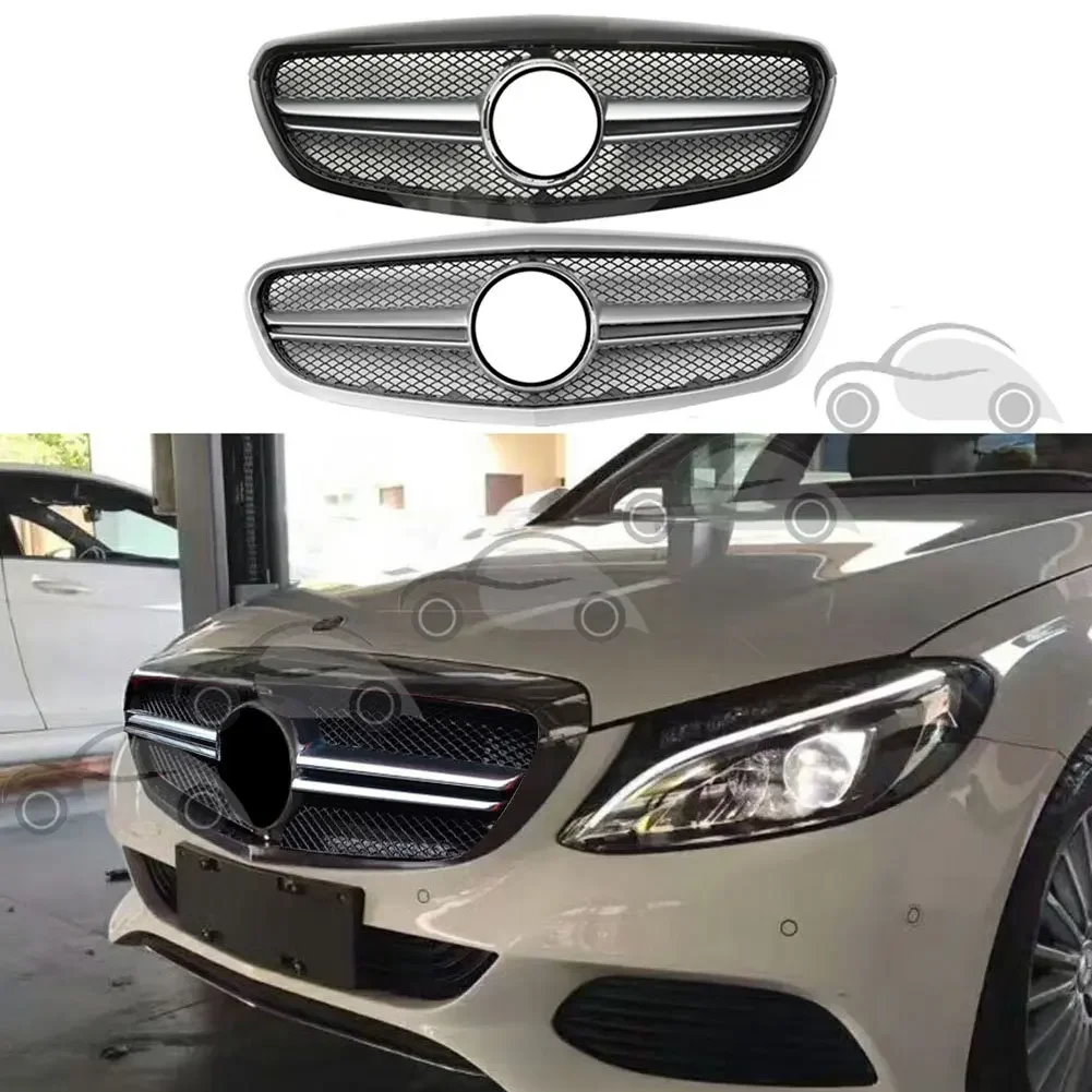 

New Front Grill Fit For Mercedes W205 C class C250 C300 C200 2014-2021 Standing Emblem Bumper Grille BLACK GLOSS Silver