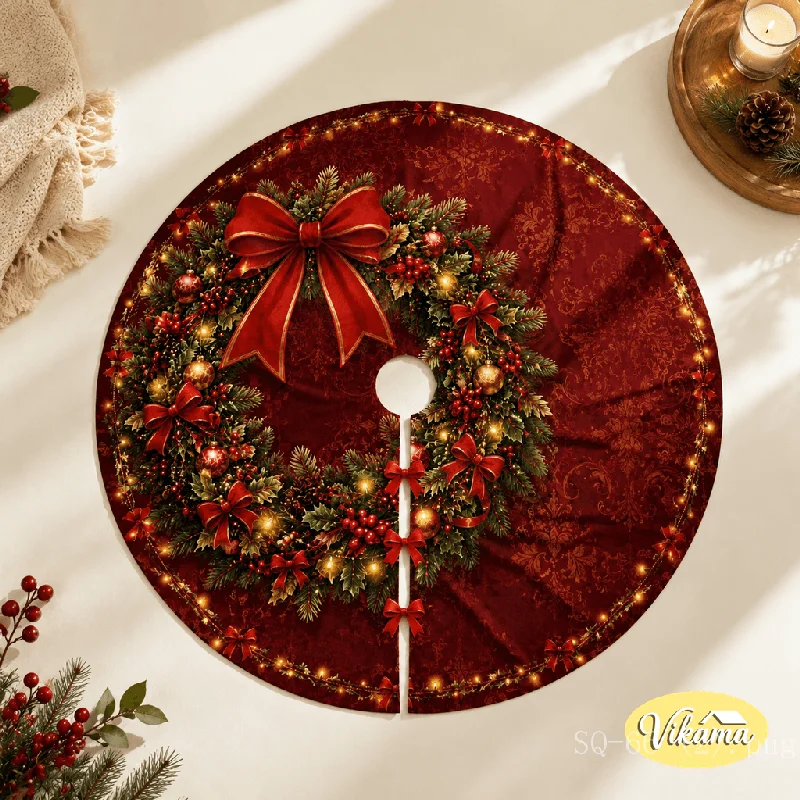 Lighting Christmas Decor - Kerstboomrok dieprood met krans, rode strik,