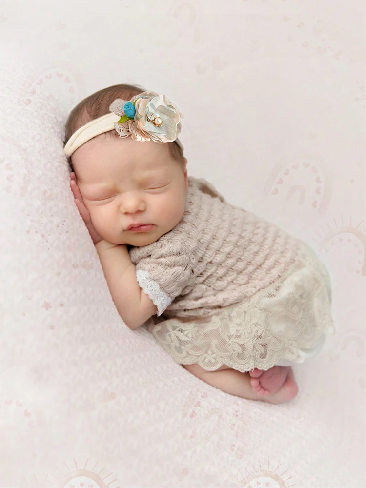 Ylsteed Infant Photography Outfits Newborn Lace Trim Dress for Shooting with Headband New Born Baby Picture Idea Photo Props