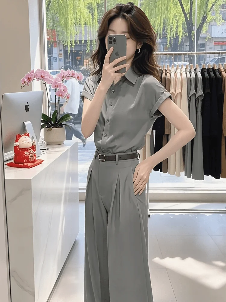 Unique Beautiful Small Set 2026 New Style Casual  Collar Short Sleeve Shirt High Waist Wide Leg Pants Women's Two-Piece Set view 4
