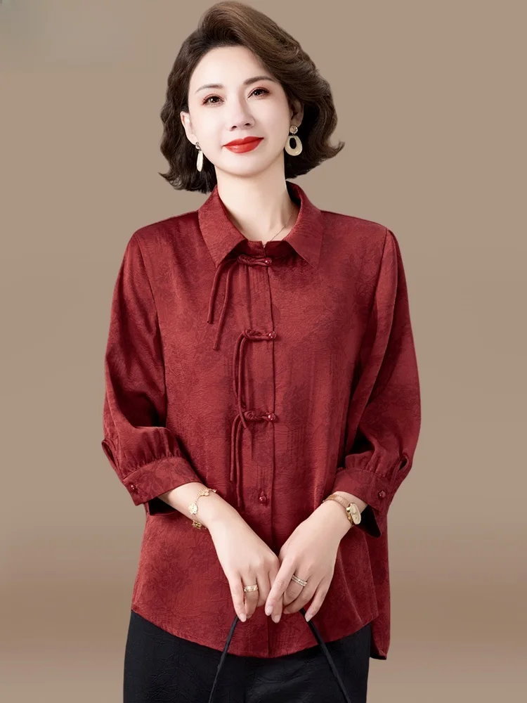 

Faionable plus Size irt Set for Middle-Aged Women Spring Autumn Wear Korean Sle Loose Fit Long Pants Collar Button up