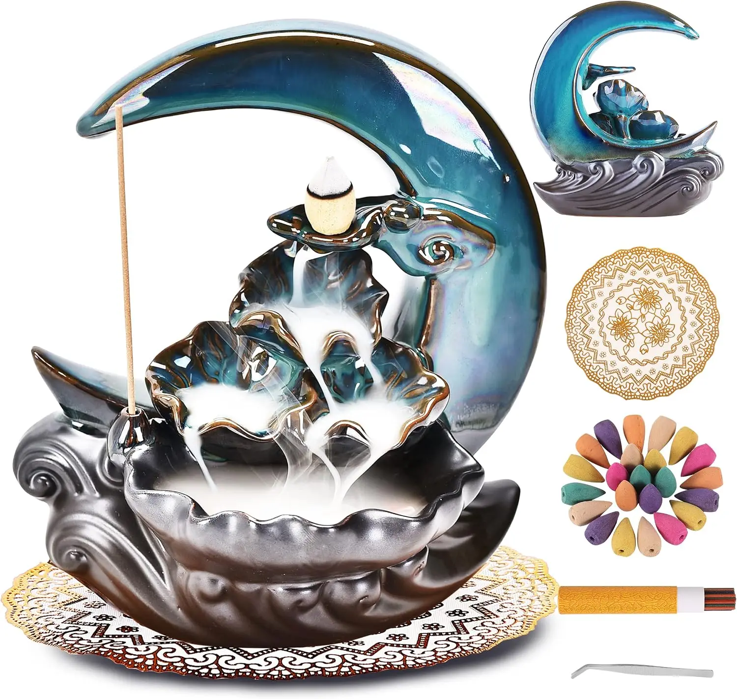 Handmade Ceramic Backflow Incense Fountain New Moon Holder