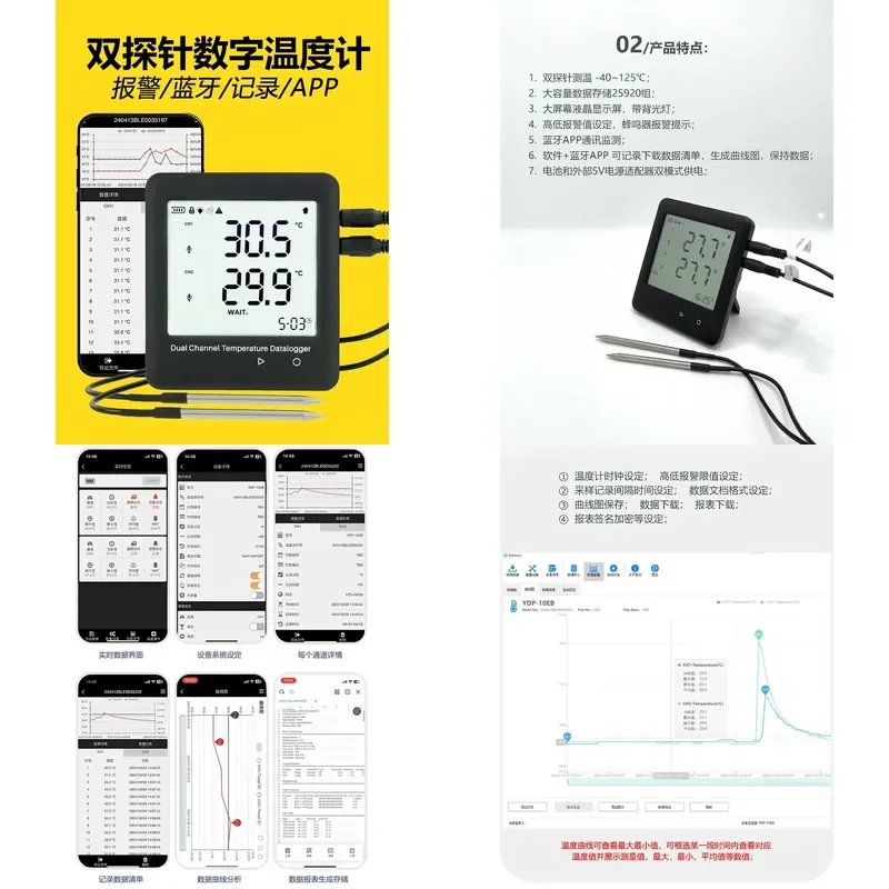 High Precision Dual Probe Digital Thermometer with Bluetooth APP for Computer Temperature Curve Monitoring and Recording