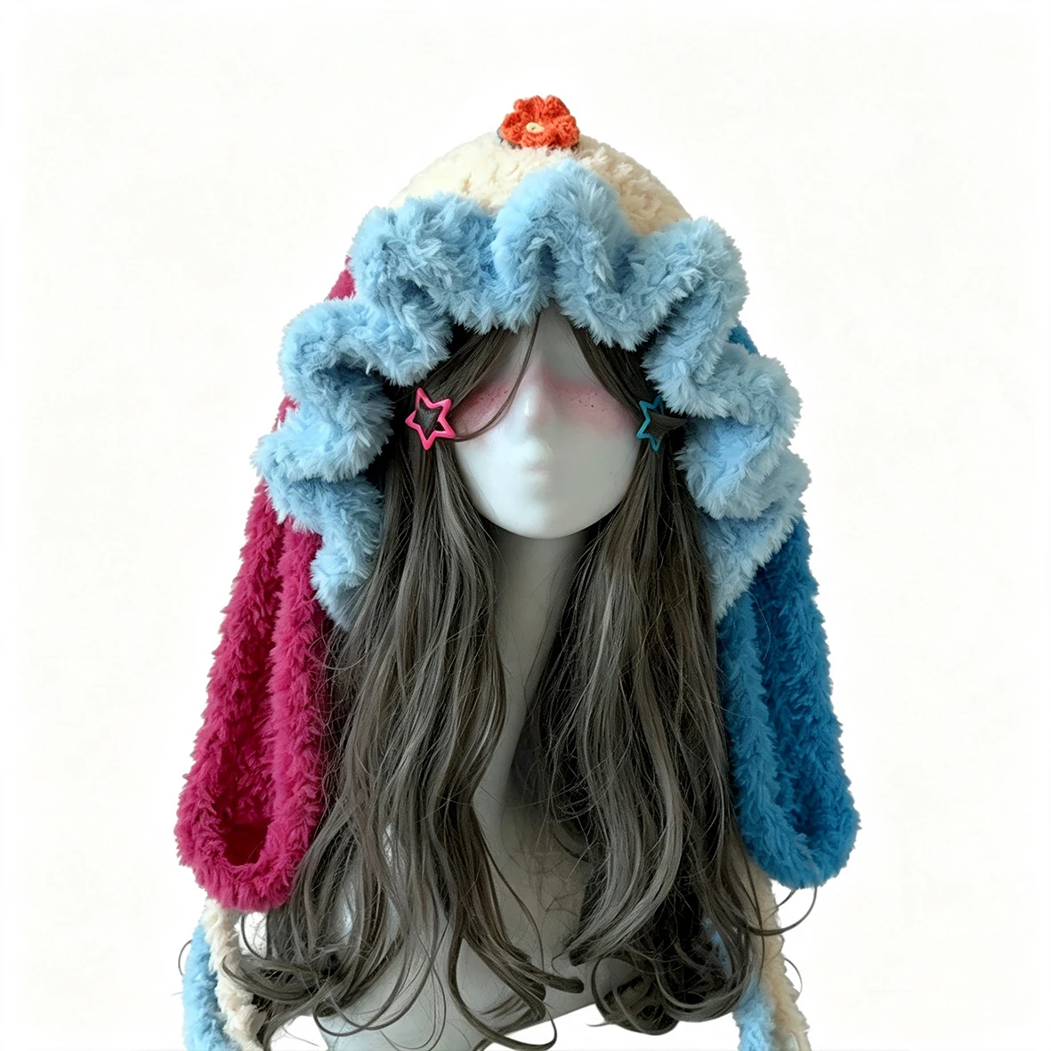 Handmade Crochet Colorful Bunny Rabbit Ears Hat Women Soft Flower Charm Ruffle Knit Beanie Girl Fairy Kawaii Winter Warm Cap