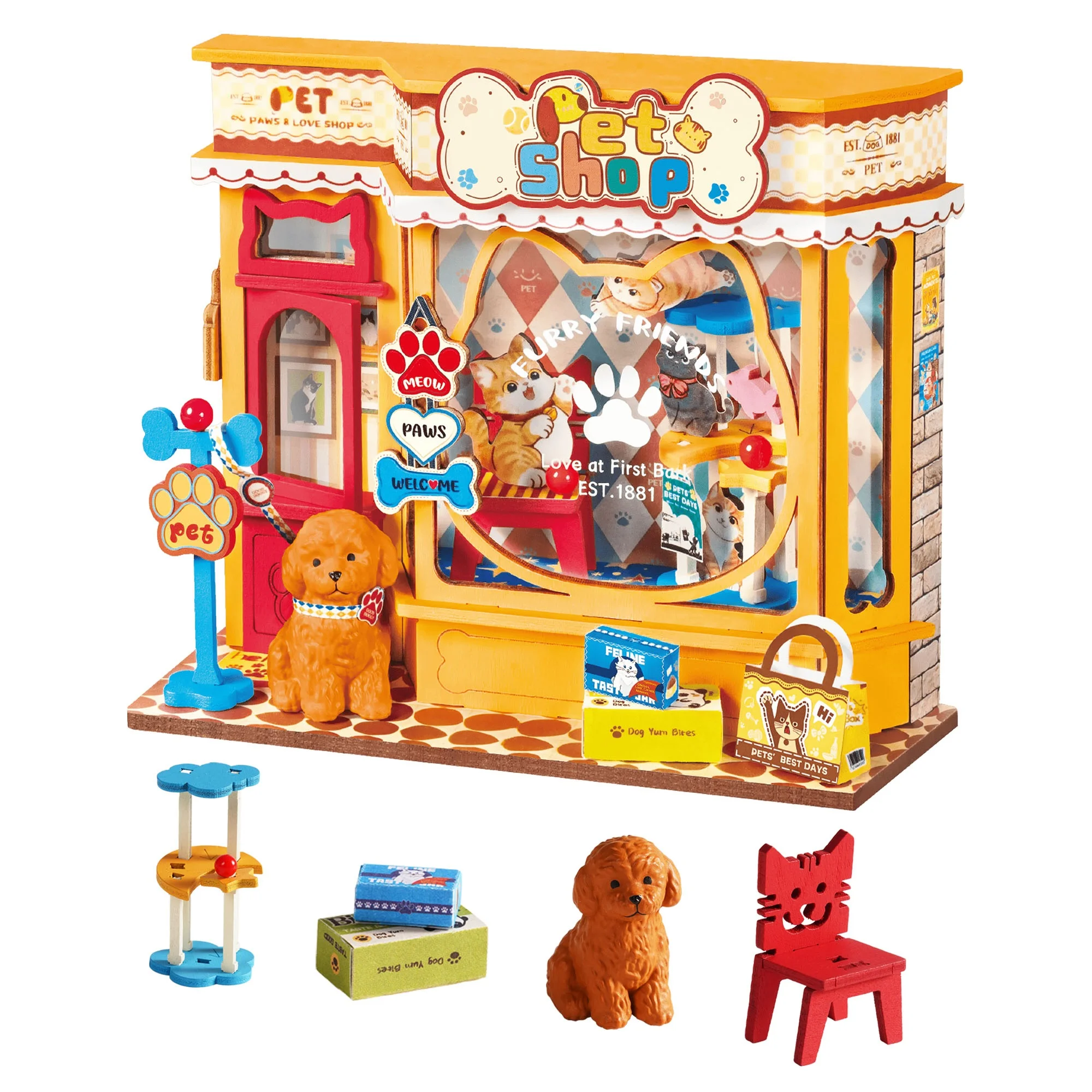 

Rolife DIY Miniature House Kit Pawfect Pet Shop Dollhouse Model Building Kit Wooden 3D Puzzle Toys with LED Light for Home Decor