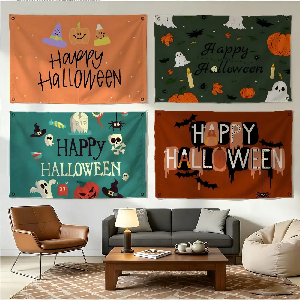 Holiday Festive Halloween Happy Flags Four Ring Borderless Art Decor Indoor Outdoor Use Simple Hang And Install