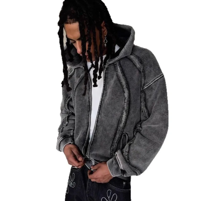 Winter Hiphop Street Jacket Retro Patchwork Hoodie Stitching Line Zipper Hoodies Men Women Harajuku Goth Hooded Sweatshirts Y2k