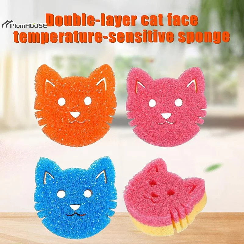 Double-layer Cat-face Temperature-sensitive Sponge For Washing Dishes, Pots, Glass Stovetops, And Kitchen Cleaning.