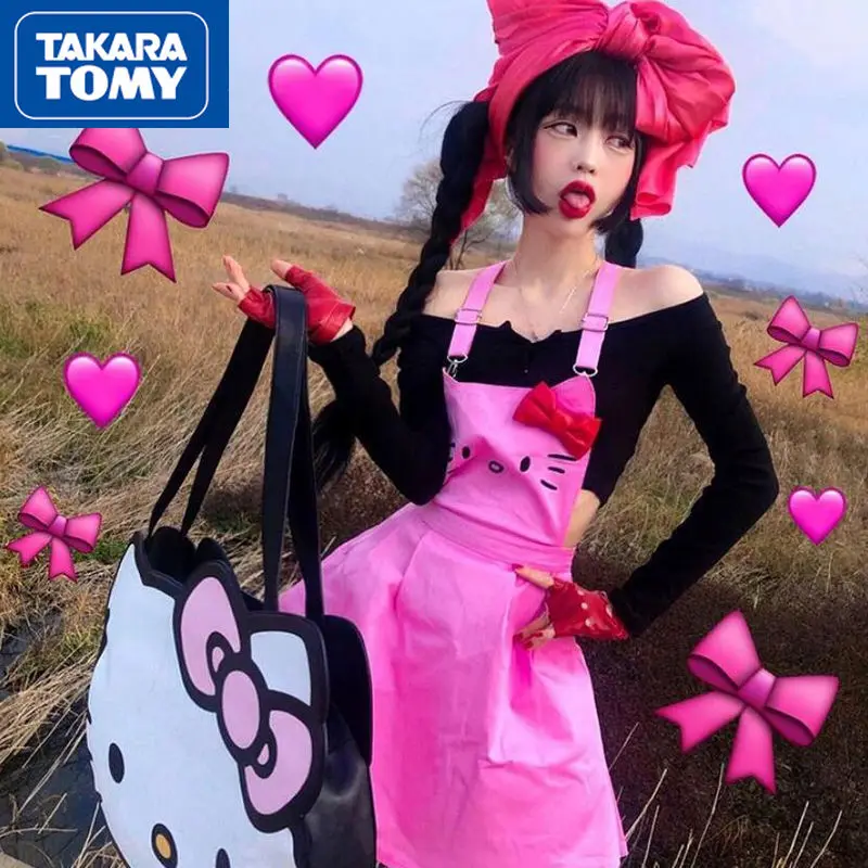 

TAKARA TOMY весенне-летняя Женская милая розовая юбка с бантом Hello Kitty на бретельках крутая тонкая плиссированная юбка из чистого хлопка для девушек