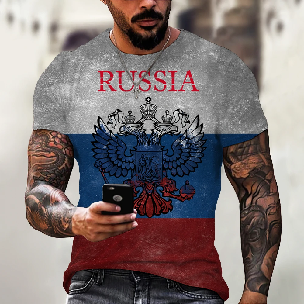 Camisetas con estampado 3D de oso ruso para hombre, cuello redondo, bandera rusa, manga corta, ropa de calle, Tops de gran tamaño, moda de verano