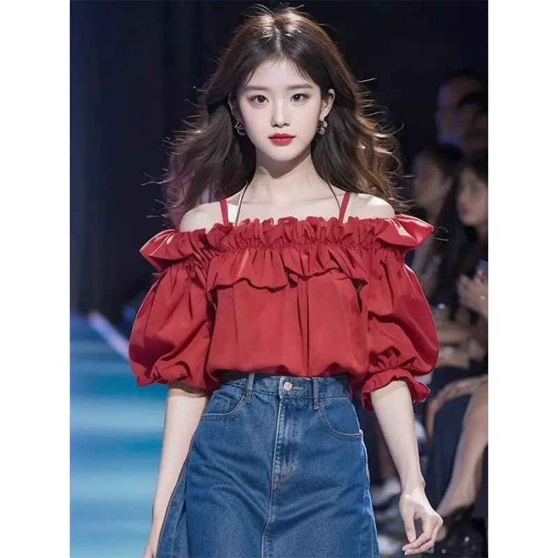 

Korea Ruffles Fashion Woman Blouse Off the shoulder Youth Elegnat Blouses Tops Designer Puff sleeve New