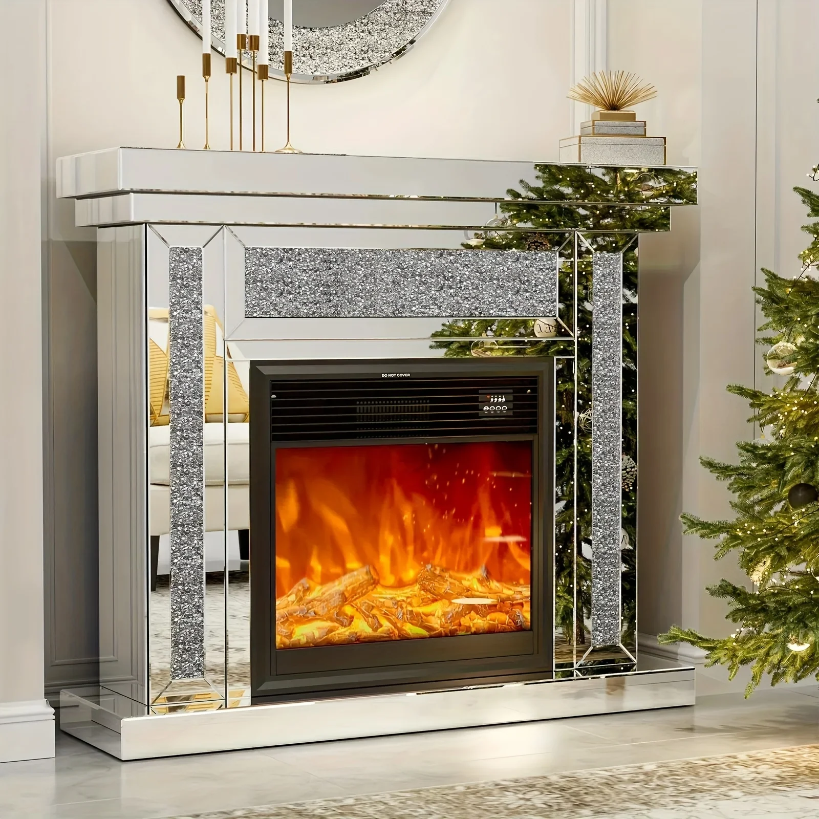 

Mirrored Electric Fireplace TV Stand, 7 Colors Changing Mantel Freestanding Heater Corner Firebox with 3D Realistic Flame Effect