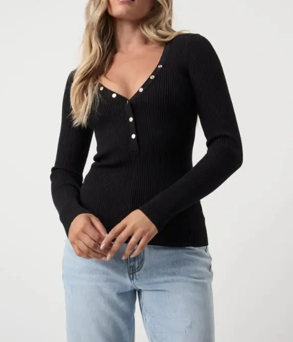 

2026 Spring/Summer New Women's High end Line V-neck Button Slimming T-shirt Commuter Casual Long Sleeve Basic Shirt