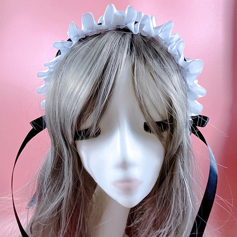 Lolita Pleated Laces Hair Hoop Women Girls Sweet Bowknot Shaped Headband Maid Cosplay Headpiece Festival Party Costume Props