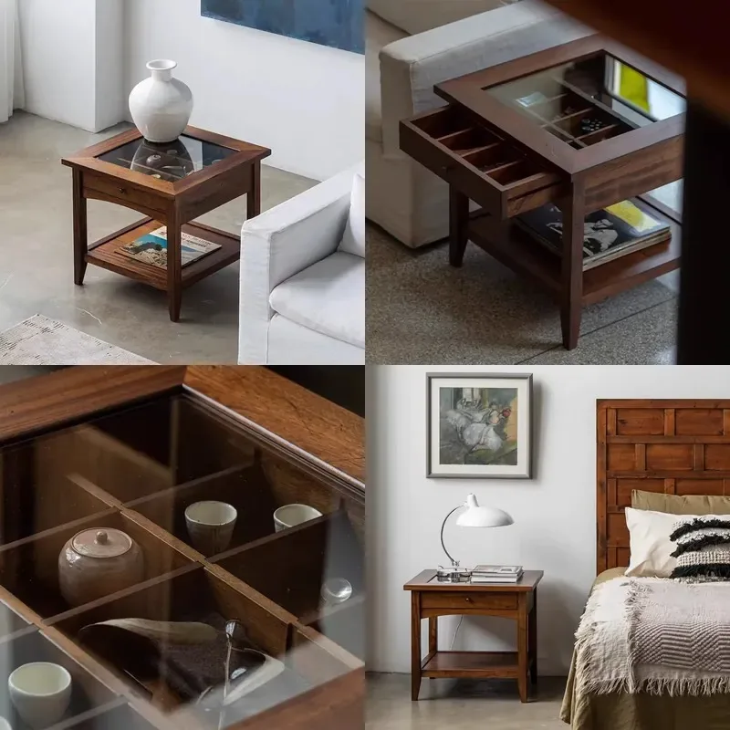 New Chinese Style Solid Wood Glass Side Table Storage Rack Durable Pine Living Room Entrance Console for Apartment