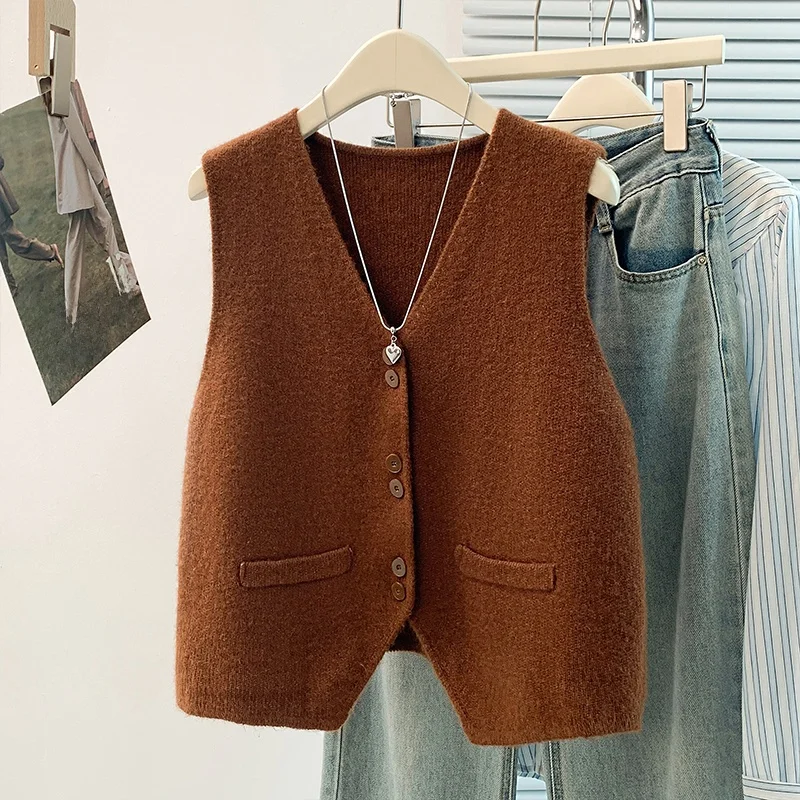 

Ele вязаный жилет, женский тонкий костюм, верхний слой, однотонный повседневный модный жилет на одной пуговице