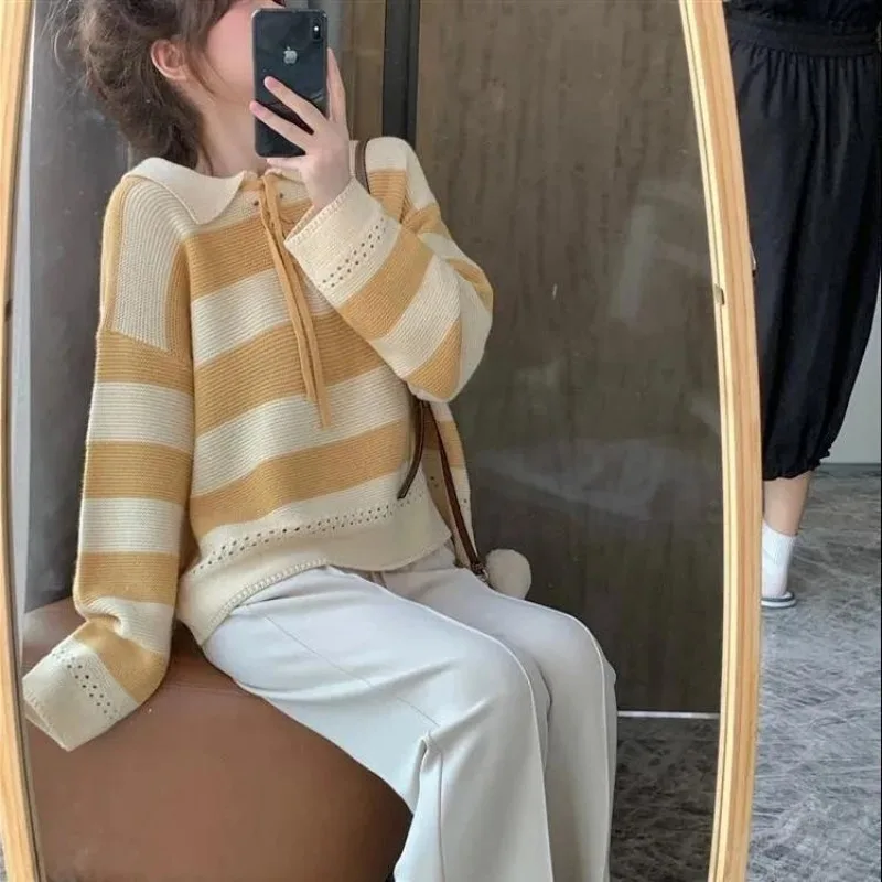 Women Autumn Korean Striped Fashion Appear thin Turn-down Collar Long sleeve Knitwear Ladies trend All-match sweet knitting tops