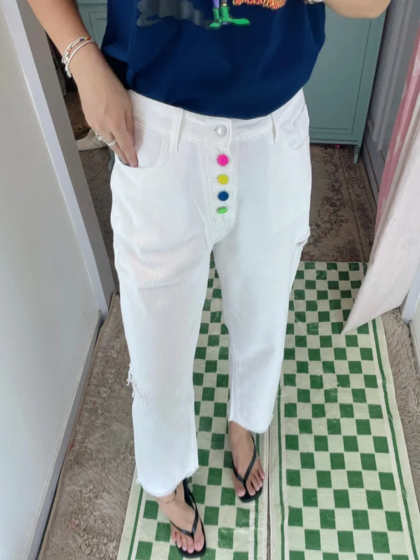 

Облегающие прямые джинсы с пуговицами, однотонные джинсы с высокой талией для женщин, шикарные летние универсальные женские джинсы в Корейском стиле