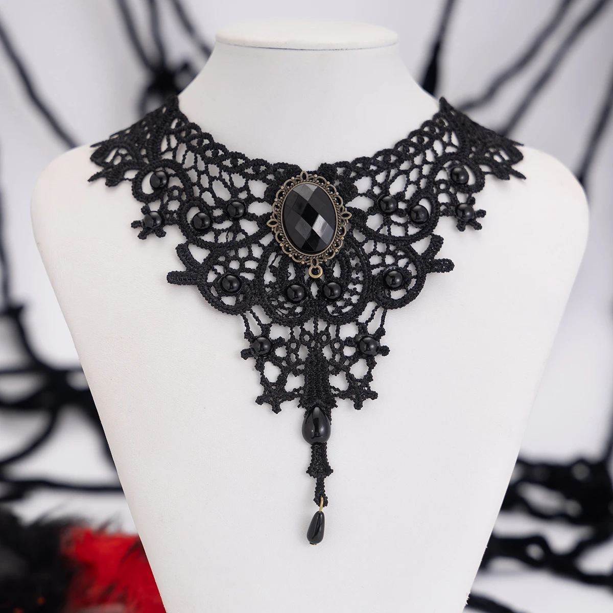 SHIXIN Gothic Hollow Out Black Lace Halloween Choker Necklace Women Vintage Water Drop Tassels Neck Chain Halloween Jewelry 2024