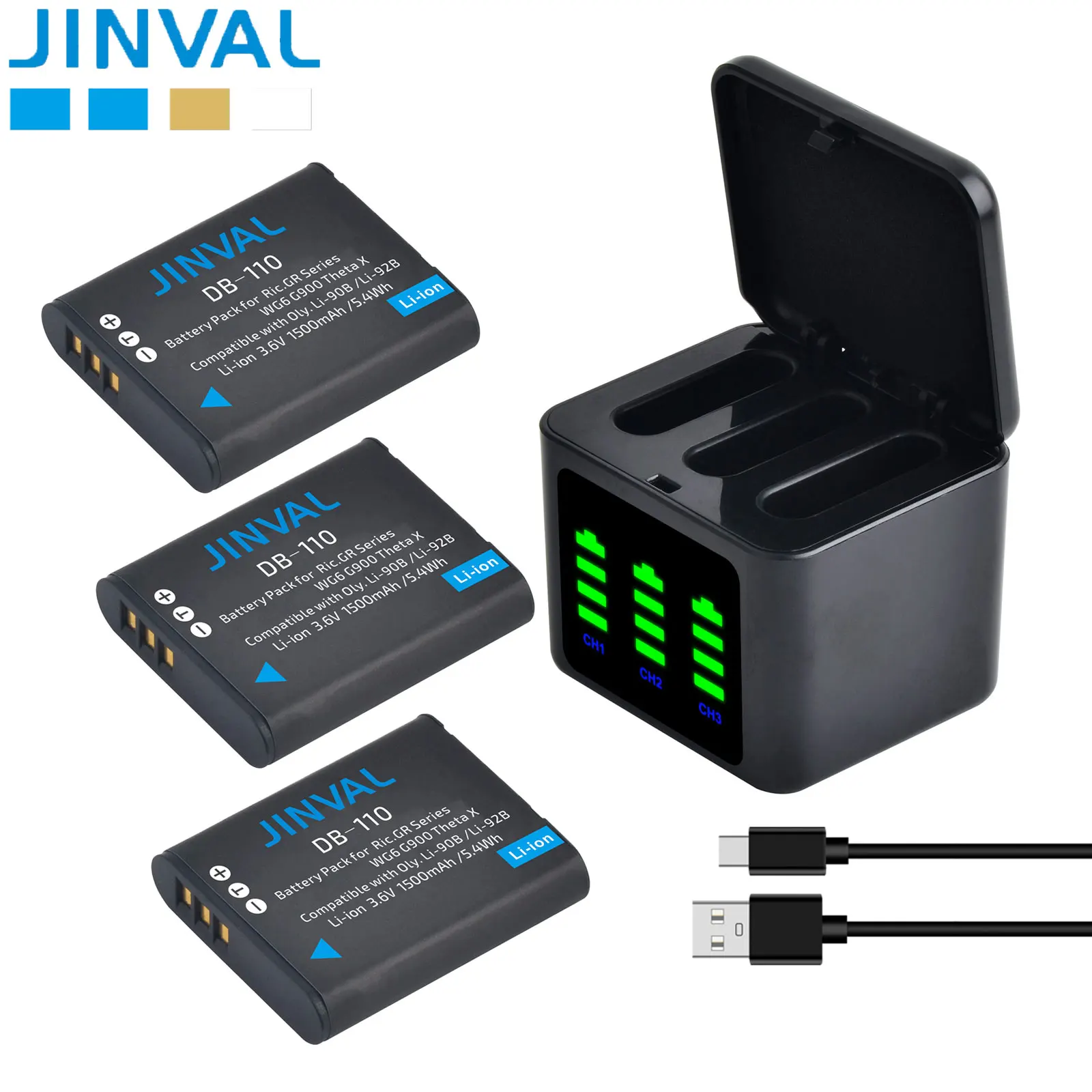 JINVAL 1500mAh DB-110 Battery LI-90B LI-92B + Fast Triple Charger For Ricoh GR III HDF GR IIIx THETA X Olympus Tough TG-5 TG-6