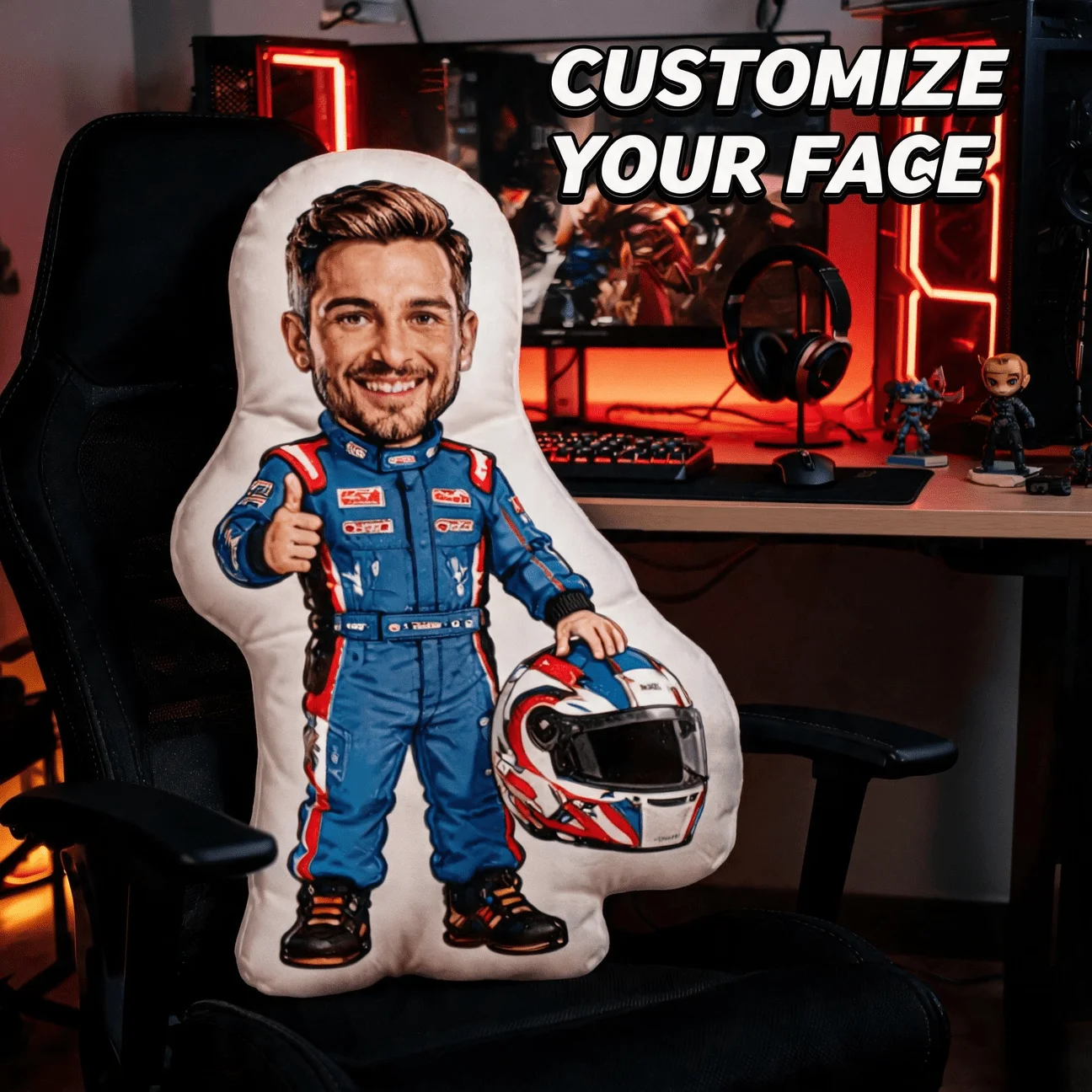 Custom Photo Racer Shaped Pillow, Personalized Blue Suit Driver Decorative Cushion, 70CM Home Decor Accent for Sofa & Bedroom, U