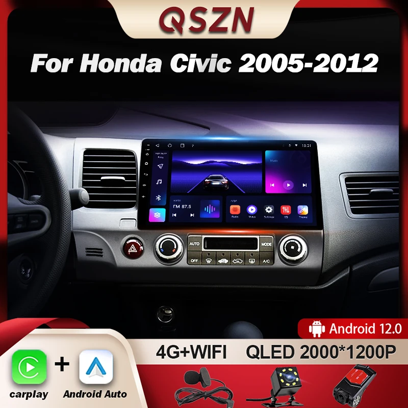 Qszn Voor Honda Civic 8 Fk Fn Fd 2005 -2012 Lhd Auto Radio Multimedia Video Speler Gps Carplay Android 12 Autoradio Stereo 2K Qled